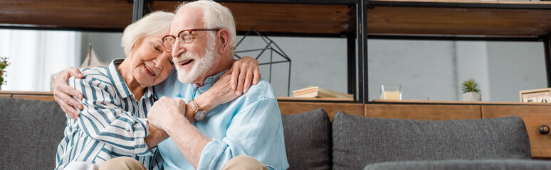 Panoramic shot of smiling senior woman hugging husband on couch at home