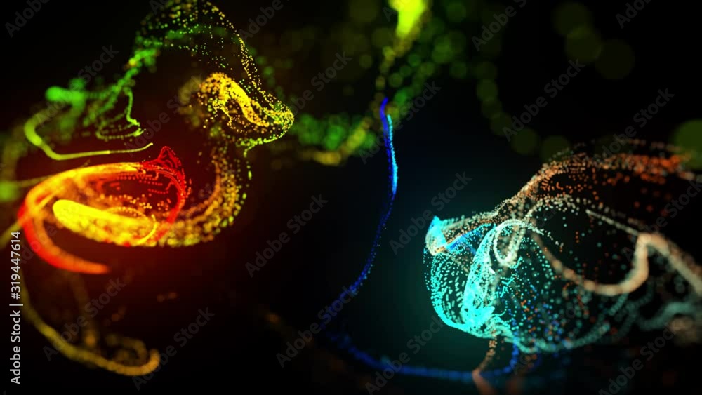 Poster injection of fluorescent multicolor ink in water in 4k. 3d render of glow particles in ink flow. lum