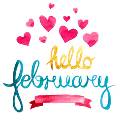 Watercolor blue, yellow and pink ink illustrated hearts,  ribbon and hello February lettering for Happy Valentine's love day card set