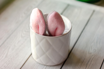 Easter bunny ears showing in flower pot. Toy bunny in a pot. Cute easter design, copy space for text