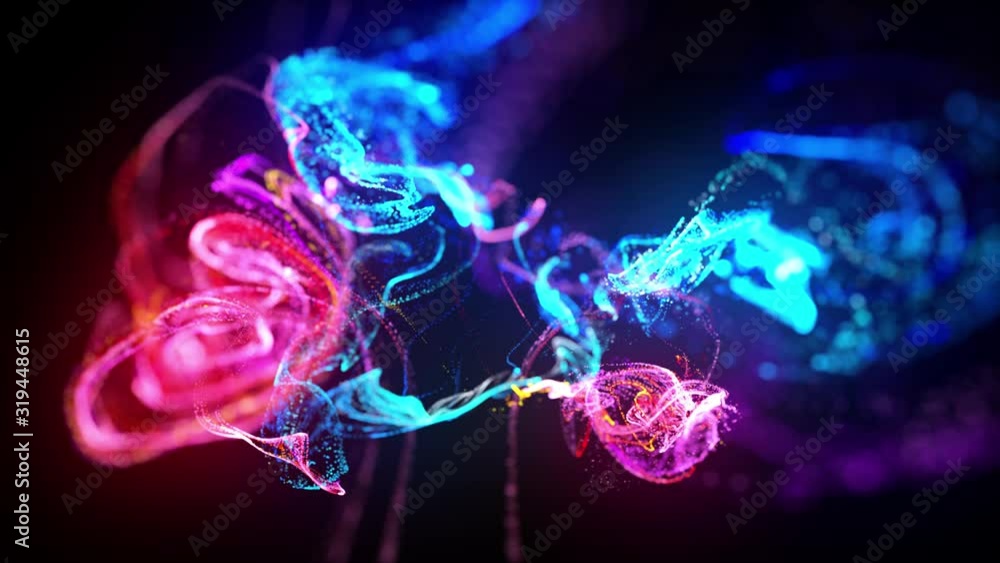 Poster injection of fluorescent ink in water in 4k. 3d render of glow particles in ink flow. interaction of
