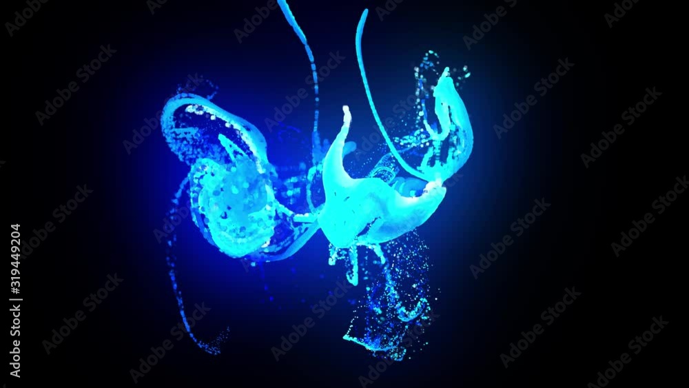 Aufkleber injection of fluorescent blue ink in water in 4k. 3d render of glow particles in ink flow. luma matt