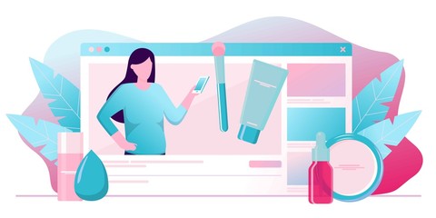 Girl recording cosmetics production review, streaming live, video content creation. Beauty fashion blogger, online beauty consultant blog, makeup and skincare tips. Vector flat concept illustration.