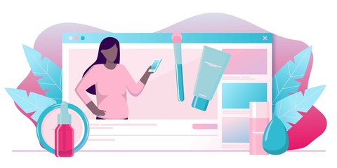 Girl recording cosmetics production review, streaming live, video content creation. Beauty fashion blogger, online beauty consultant blog, makeup and skincare tips. Vector flat concept illustration.
