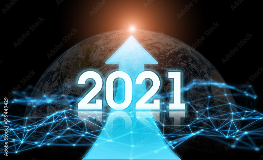 Wall mural new year 2021 vision technology. global network for the exchange of data on the planet earth. blue b