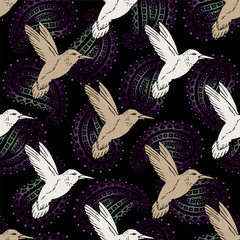 Seamless pattern with hand drawn hummingbird.