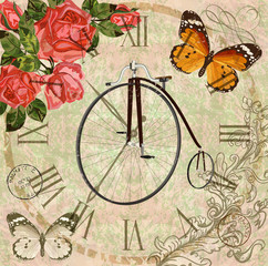 Vintage background with roses,butterflies and old bicycle.