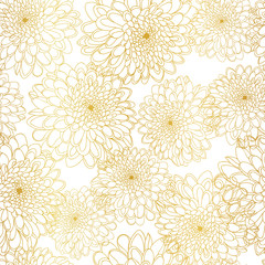 Chrysanthemum flowers gold outline seamless vector pattern