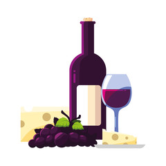 bottle and glass of wine with piece of cheese and grapes