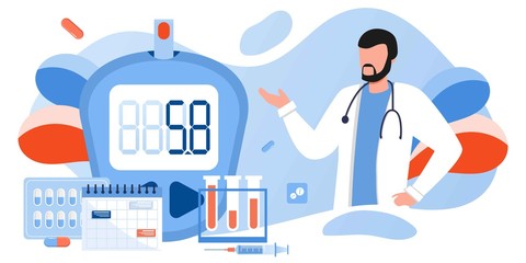 Medicine diabetes type 2 concept. Glucometer for measuring sugar level. Blood glucose meter, pills, syringe and vial, insulin production. Doctor with laboratory test equipment. Vector banner template