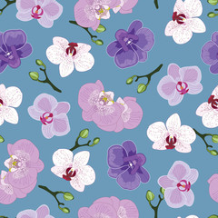 Naadloos paars orchideepatroon op blauwe achtergrond