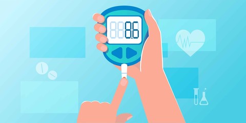 Glucometer web banner, flyer, post. Checking blood sugar level at home and test stripe. Diabetes concept with glucose monitor. Control and diagnostics Insulin problem awareness. Flat vector