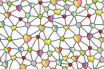 seamless valentine's pattern of isolated watercolor hand drawn hearts connected with black lines. Net of colorful hearts, web of love, raster pattern can be used as wrapping paper pattern, virtual