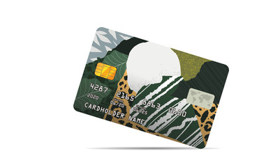 Cartoon colorful abstract print for credit card isolated on white background. Creative collage cute printable creative template with floral elements, grunge texture and leopard pattern, hand draw