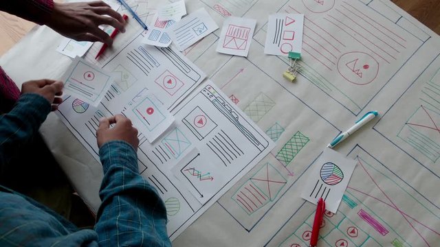 Web designer working laptop responsive design. Creative UI Ux designer teamwork meeting planning designing wireframe layout application development for smartphone screen mobile phone technology
