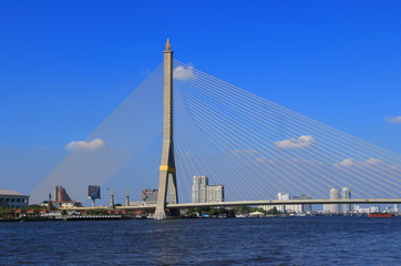 Closeup Rama VIII bridge, which is an asymmetrical design cable-stayed bridge crossing Chao Phraya river in Bangkok, the bridge is built to ease traffic congestion 