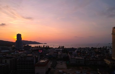 Panoramic Aerial View of Patong Bay Phuket Thailand with the Sunset creating many beautiful colours