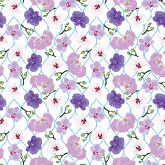 Seamless purple orchid pattern on blue wavy pattern background