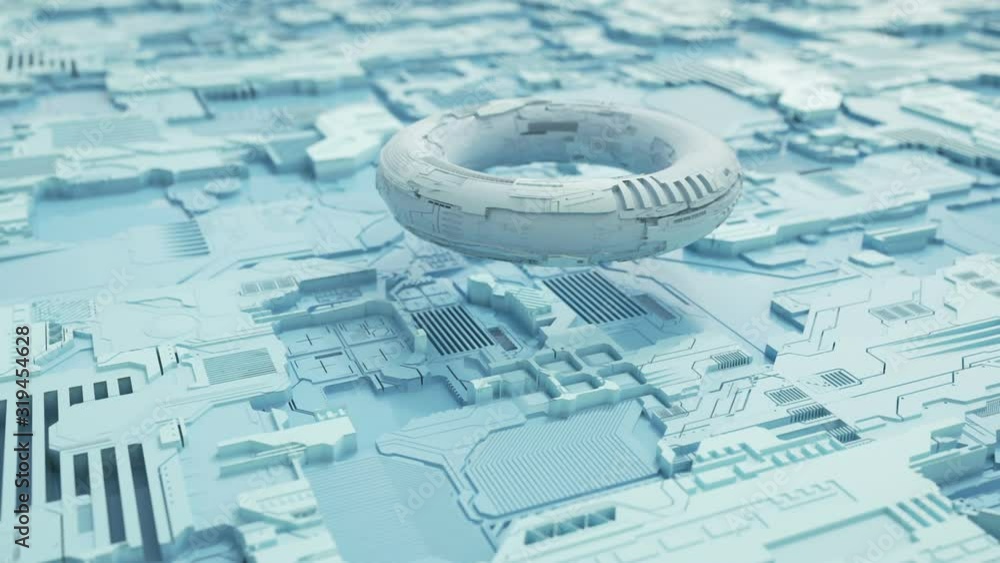 Poster white and light blue abstract high tech structure with a torus object flying over it. generic high t