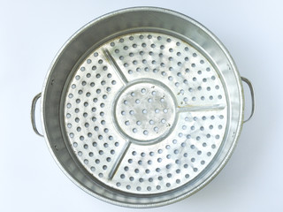 Top view of old round silver aluminum steamer. It is commonly used in Taiwanese villages for steaming food. Retro style. Kitchenware concept.