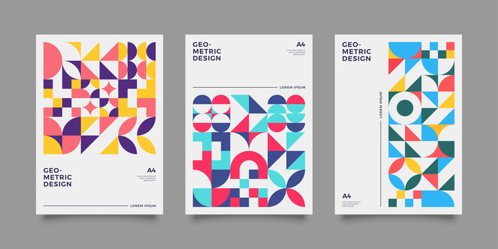 Placard templates set with Geometric shapes, Retro geometric style flat and line design elements. Retro, bauhaus art for covers, banners, flyers and posters. Eps 10 vector illustrations