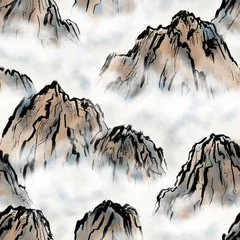 Papier Peint photo Montagnes Montagnes et nuages, modèle sans couture dessiné à la main dans un style chinois