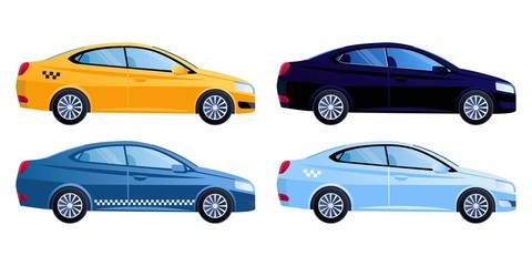 Naklejka premium Taxi service app advertising web banner. Smart city transportation. Online order taxi service. For landing, poster, flyer. Yellow cars parking, pickup point in front of city street