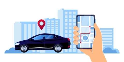 Car sharing service app advertising web banner. Smartphone screen with city map navigation, taxi car and location pin. Smart city transportation. Online order taxi service. For landing, poster, flyer