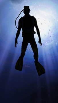 Scuba diver swimming and looking around in deep osea view from bottom of the ocean 3d rendering