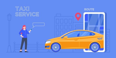 Naklejka premium Car sharing service app advertising web banner. Smartphone screen with city map navigation, taxi car and location pin. Smart city transportation. Online order taxi service. For landing, poster, flyer