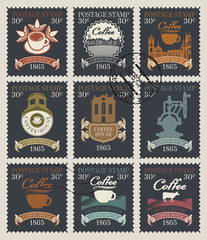 Vector set of old postage stamps on the theme of coffee and coffee house. Philatelic collection of stamps with postmarks in retro style on the black background
