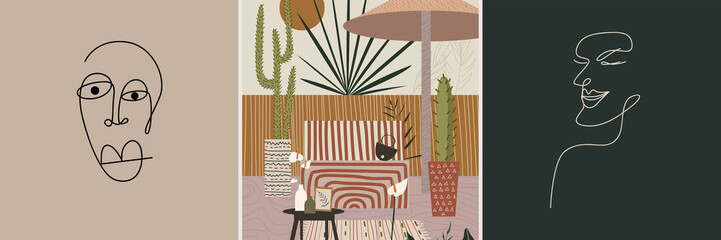 Abstract interior in the home soulful boho style. atmosphere of magic and tranquility. Vector graphics