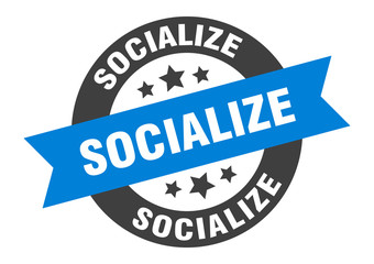 socialize sign. socialize round ribbon sticker. socialize tag