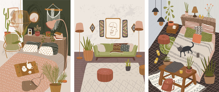 Abstract interior in the home soulful boho style. atmosphere of magic and tranquility. Vector graphics