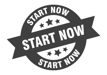 start now sign. start now round ribbon sticker. start now tag