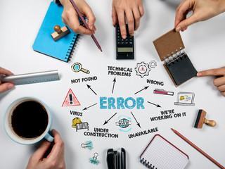 Error. Programming, social networking, SEO, search and service delivery concept. Chart with...