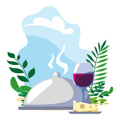 wine glass with piece of cheese and tray server