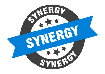 synergy sign. synergy round ribbon sticker. synergy tag