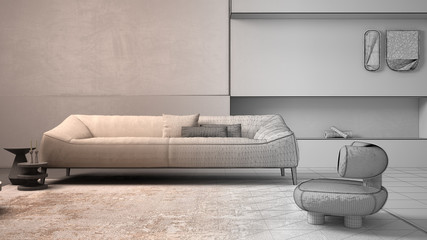 Architect interior designer concept: unfinished project that becomes real, elegant living room with fireplace. Sofa with pillows, carpet, armchair, side tables. Modern interior design