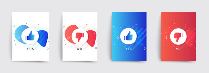 Set of liquid brochures templates. Thumb up and thumb down icons set. Yes or no? Red and blue colors. Applicable for gift card, banners, social media.