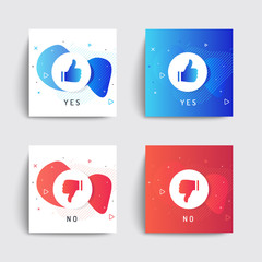 Set of liquid social media box templates. Thumb up and thumb down icons set. Yes or no? Red and blue colors. Applicable for gift card, banners, social media. Applicable for gift card, banners, social 