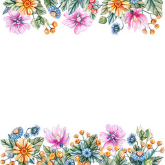 Floral square frame of watercolor wildflowers.