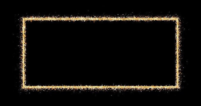 Golden frame. An empty rectangle emits shiny particles of glitter on a black background. Element for celebratory composition. Looping 3D animation