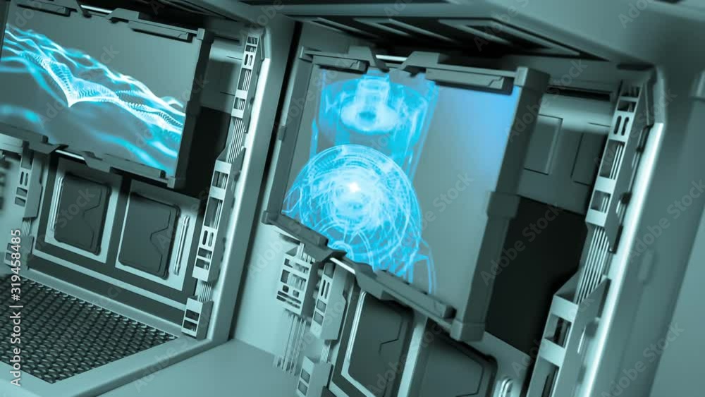 Poster generic abstract high tech interior rotating, with monitor screens displaying blue abstract motion b