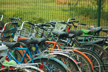 row of bikes parked behind apartment building