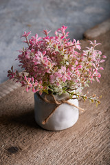 pink flowers in a white vintage vase. Rustic style. Wooden background.