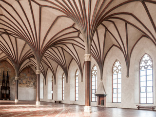 The Grand Refectory, the biggest hall in Malbork Castle with beautiful gothic rib vault ceiling,...