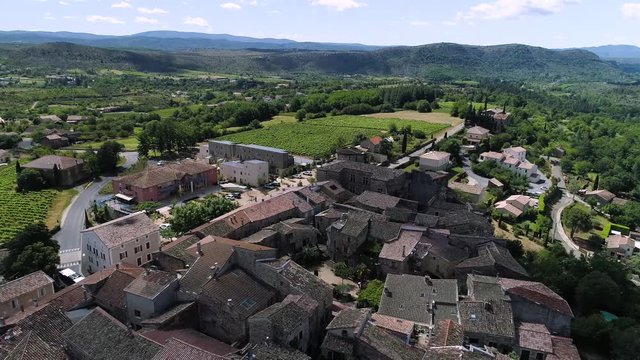 Aerial shot of Vinezac,  a typical French village in Ard&egrave;che with a nice vineyard.