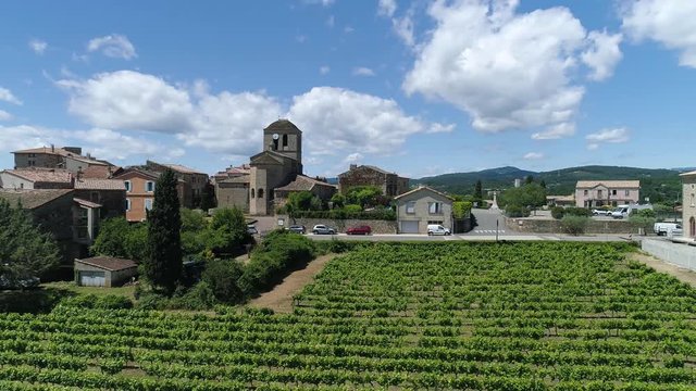 Aerial shot of Vinezac,  a typical French village in Ard&egrave;che with a nice vineyard.