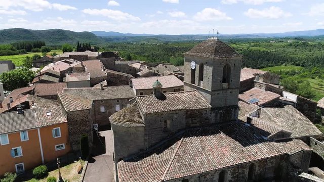 Aerial shot of Vinezac,  a typical French village in Ard&egrave;che with a nice vineyard.